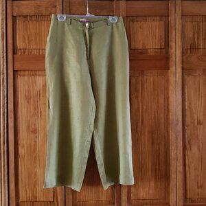 NICE DAY green cropped summer pants w/pink floral embroidery sz L woman's